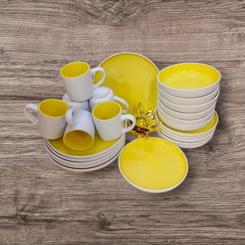 Yellow and white ceramic 16 Piece Dinner Set with 4 Mugs, 4 Side Plates, 4 Dinner Bowls and 4 Dinner Plates, available in Nairobi, Kenya