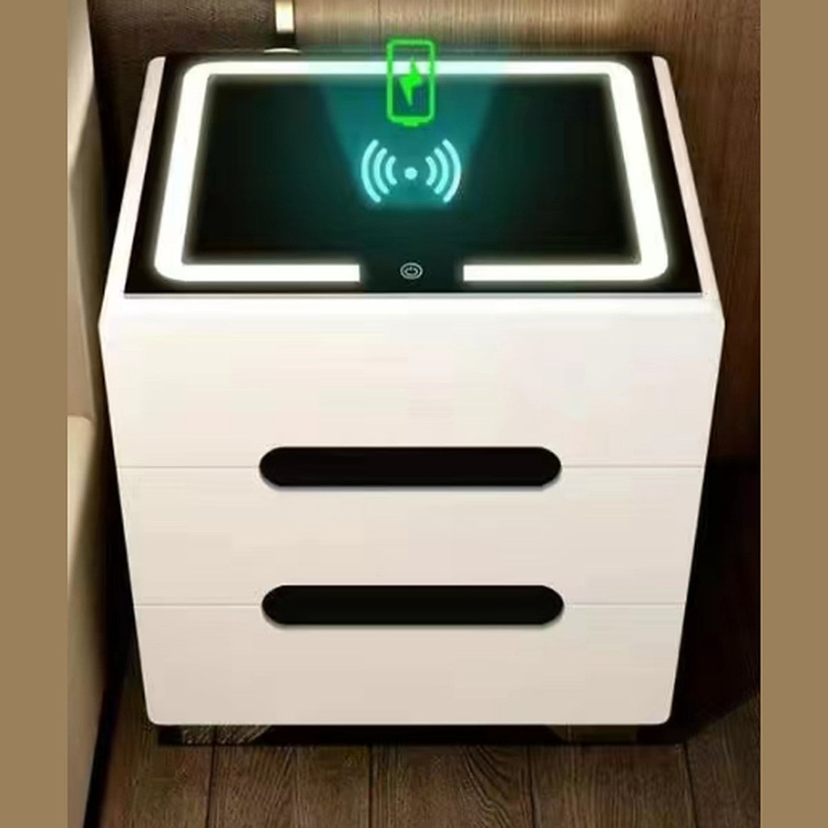 White Gloss Bedside Table with LED Glass Top and Wireless Charging