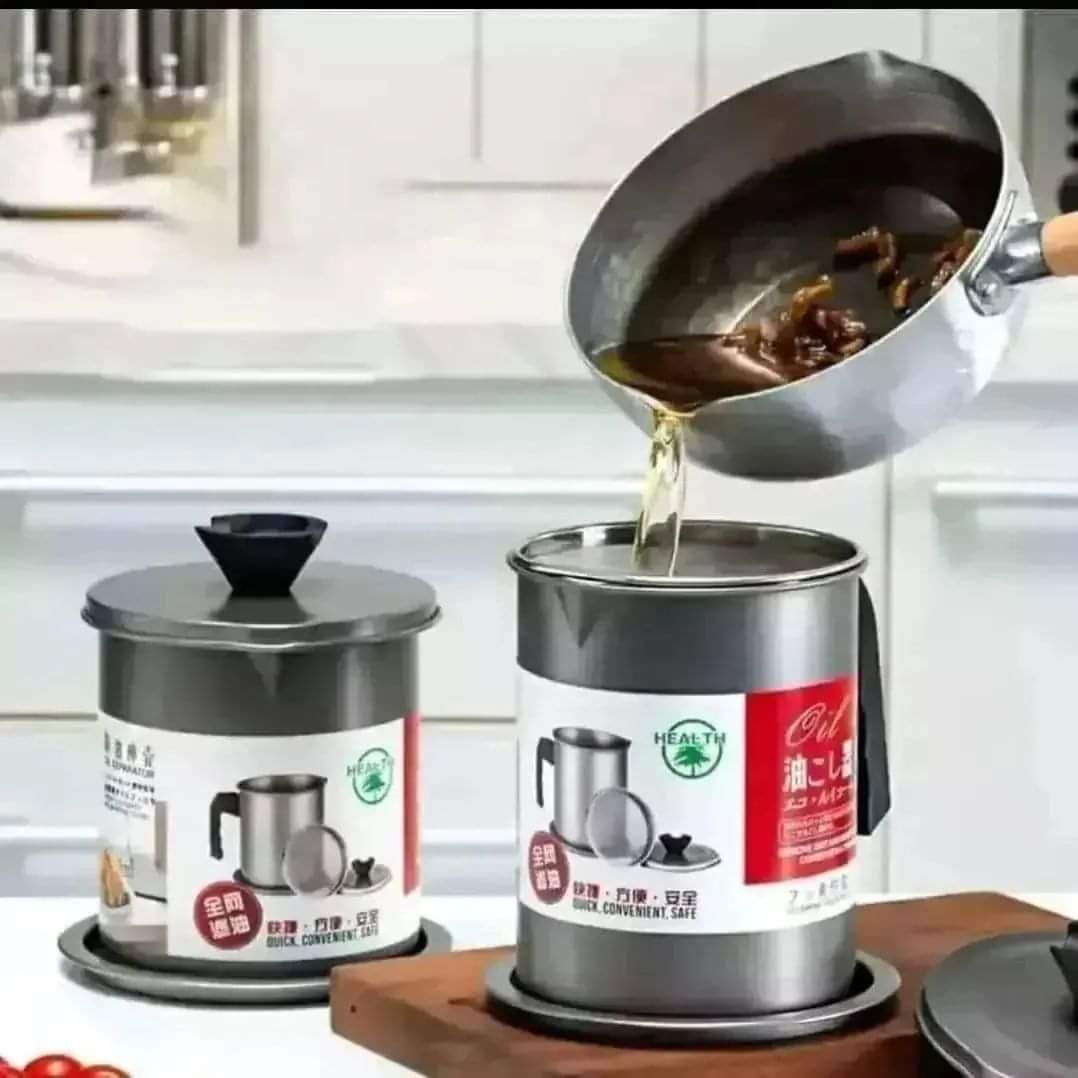  3-in-1 cooking oil filter pot with lid, strainer and base for filtering and storing cooking oil, available in Nairobi, Kenya.

