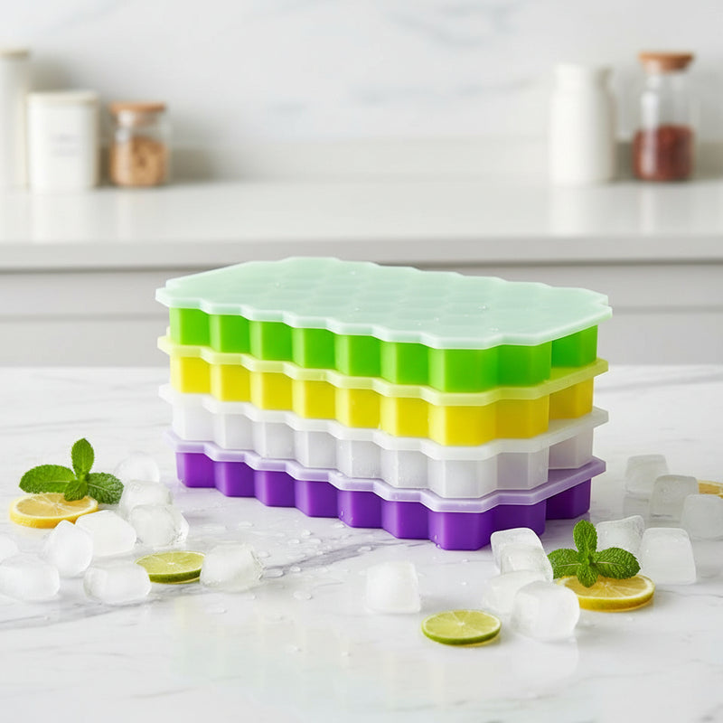 Reusable honeycomb silicone ice cube mould with lid for easy ice release