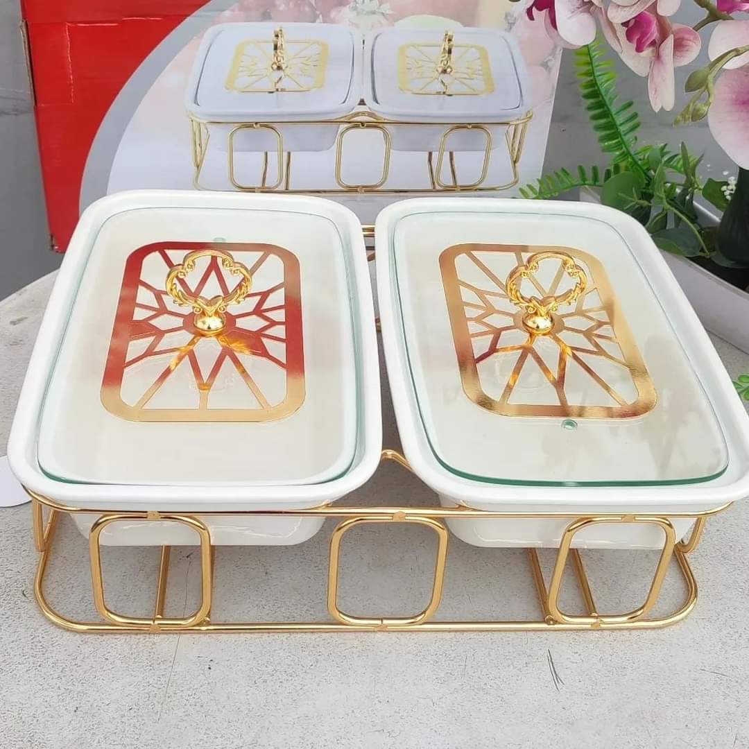Double food warmers with a golden stand