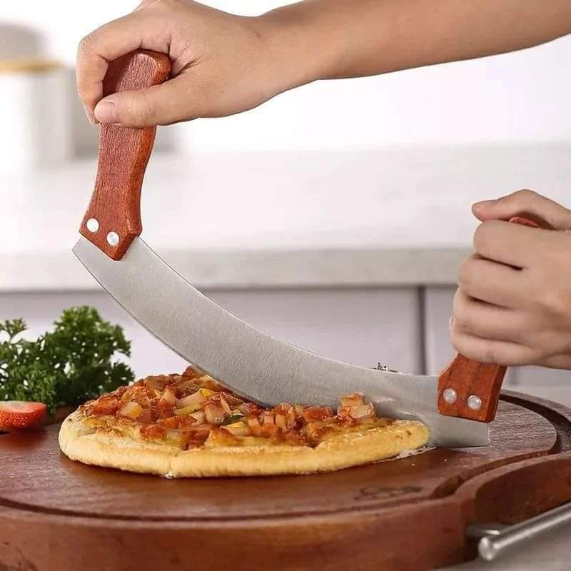 Stainless steel pizza cutter with wooden grip handle
