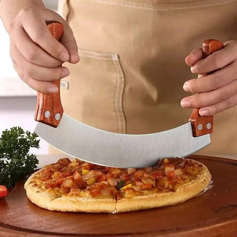 Stainless steel pizza cutter with wooden grip handle