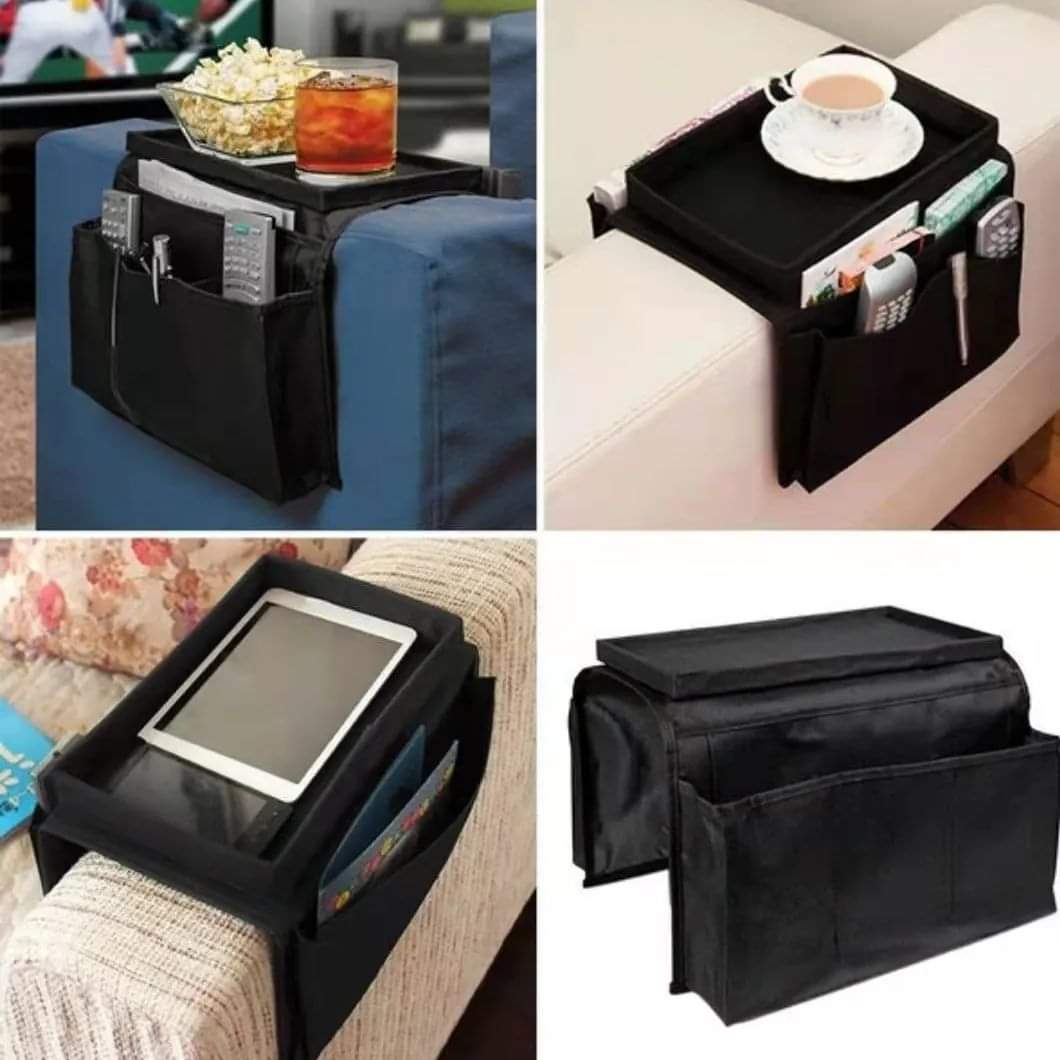 Couch arm rest organizer with top tray and pockets