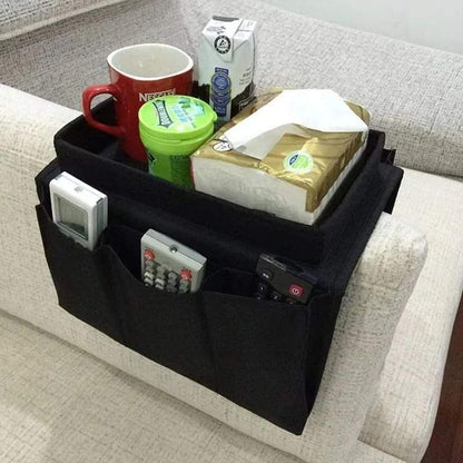 Couch arm rest organizer with top tray and pockets