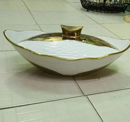 Ceramic Boat shaped serving bowls gold ring