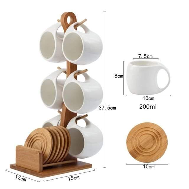 6  Ceramic cups + wooden bamboo stand