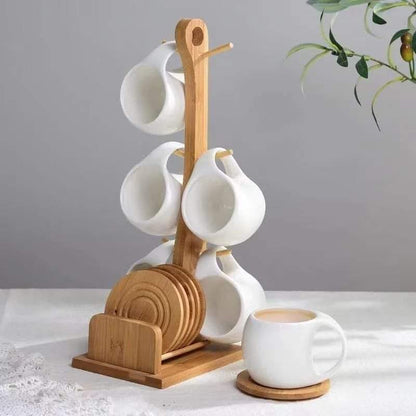6  Ceramic cups + wooden bamboo stand