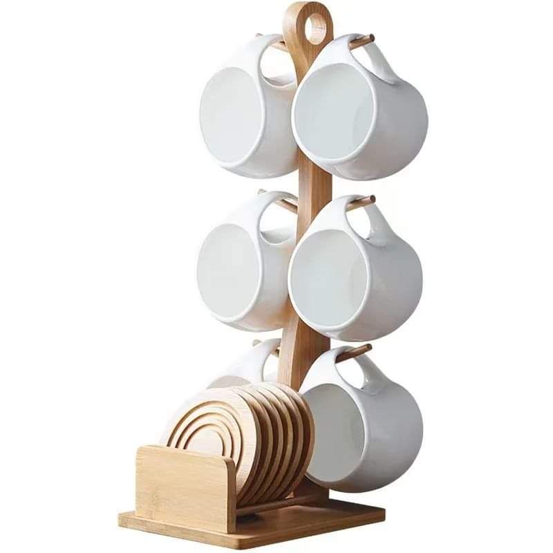 6  Ceramic cups + wooden bamboo stand