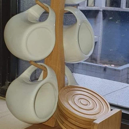 6  Ceramic cups + wooden bamboo stand