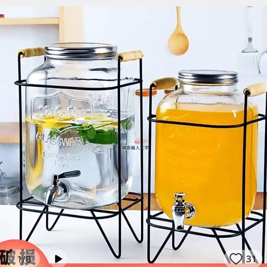 Glass beverage barrel with tap + metallic stand