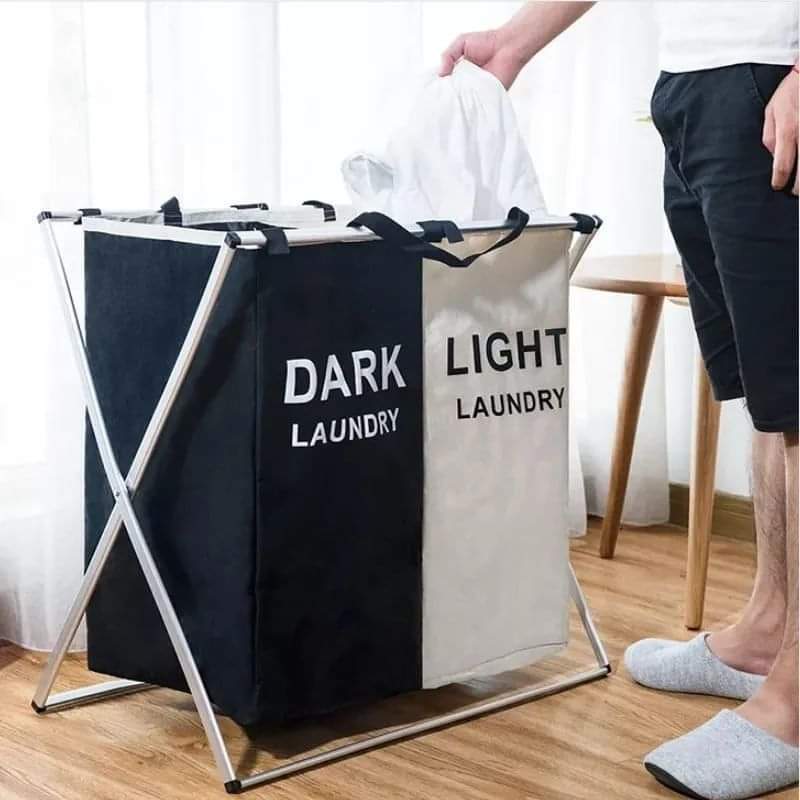 Two Grid Foldable Laundry Basket – Oxford Cloth Double Compartment Laundry Organizer with Aluminium Frame