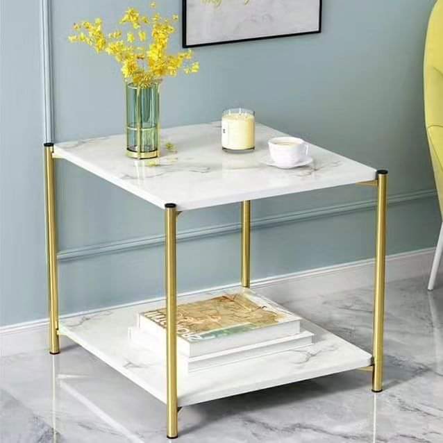 2 Tier Side Table Coffee Table – White and Black Storage Rack Table 40x40x43cm with Magazine Holder