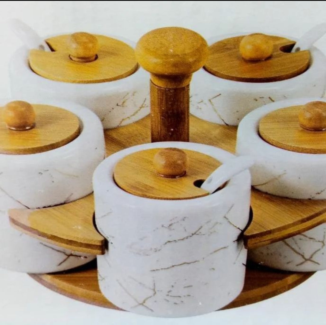 Marble Effect Sugar/Spice/Seasoning Set with bamboo holder