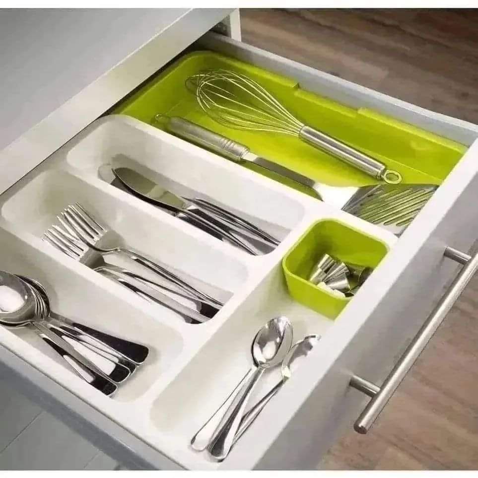 Expandable plastic cutlery tray with multiple compartments for organising spoons, forks, knives and kitchen utensils, available in Nairobi, Kenya